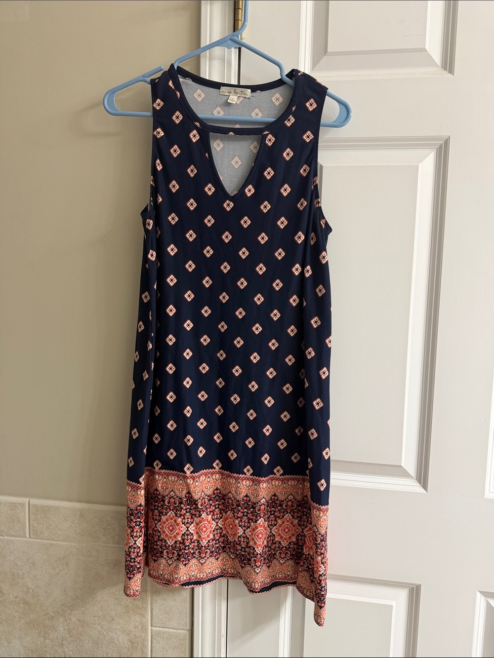 Sleeveless Navy Printed Shift Dress with Border Pattern